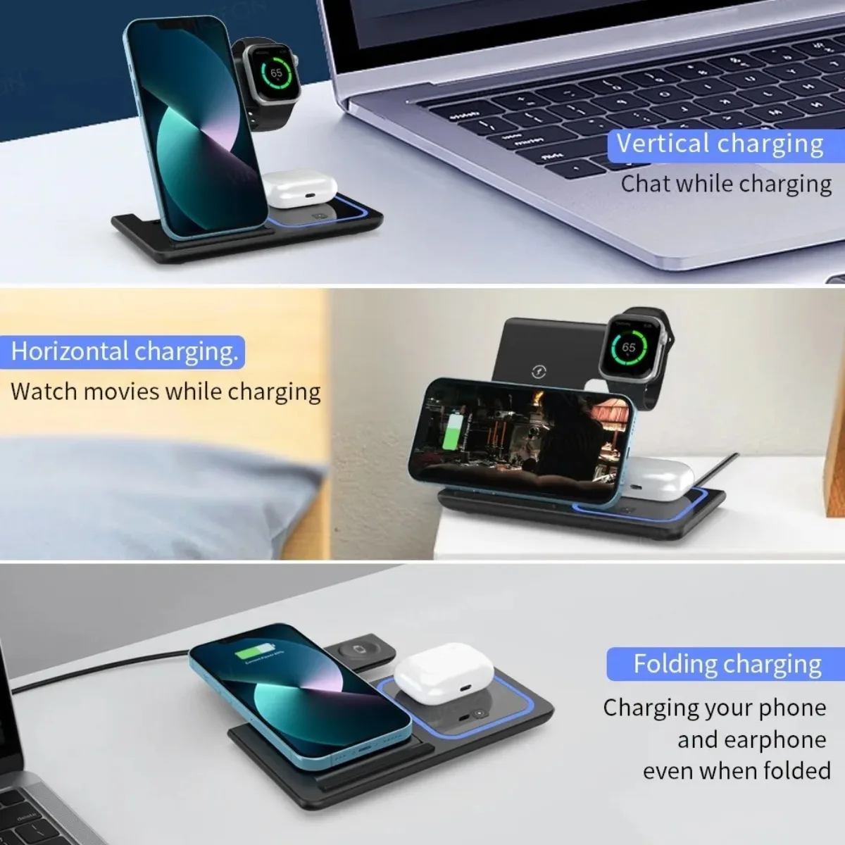 Estación de Carga Inalámbrica 3 en 1 Plegable para iPhone, Apple Watch y AirPods